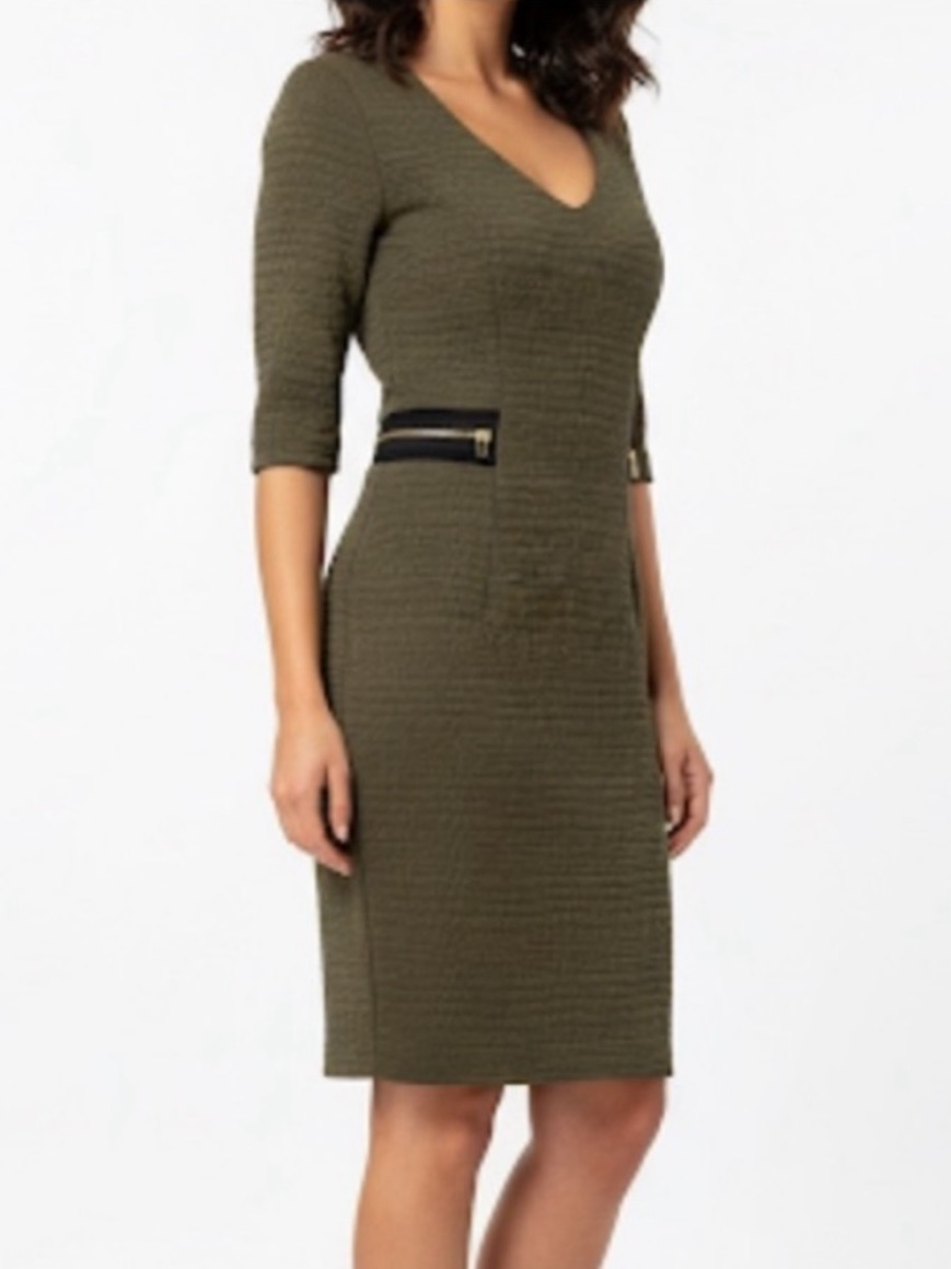 Dynamite Women’s Xs Textured V-Neck Dress W Zipper Details Olive Green